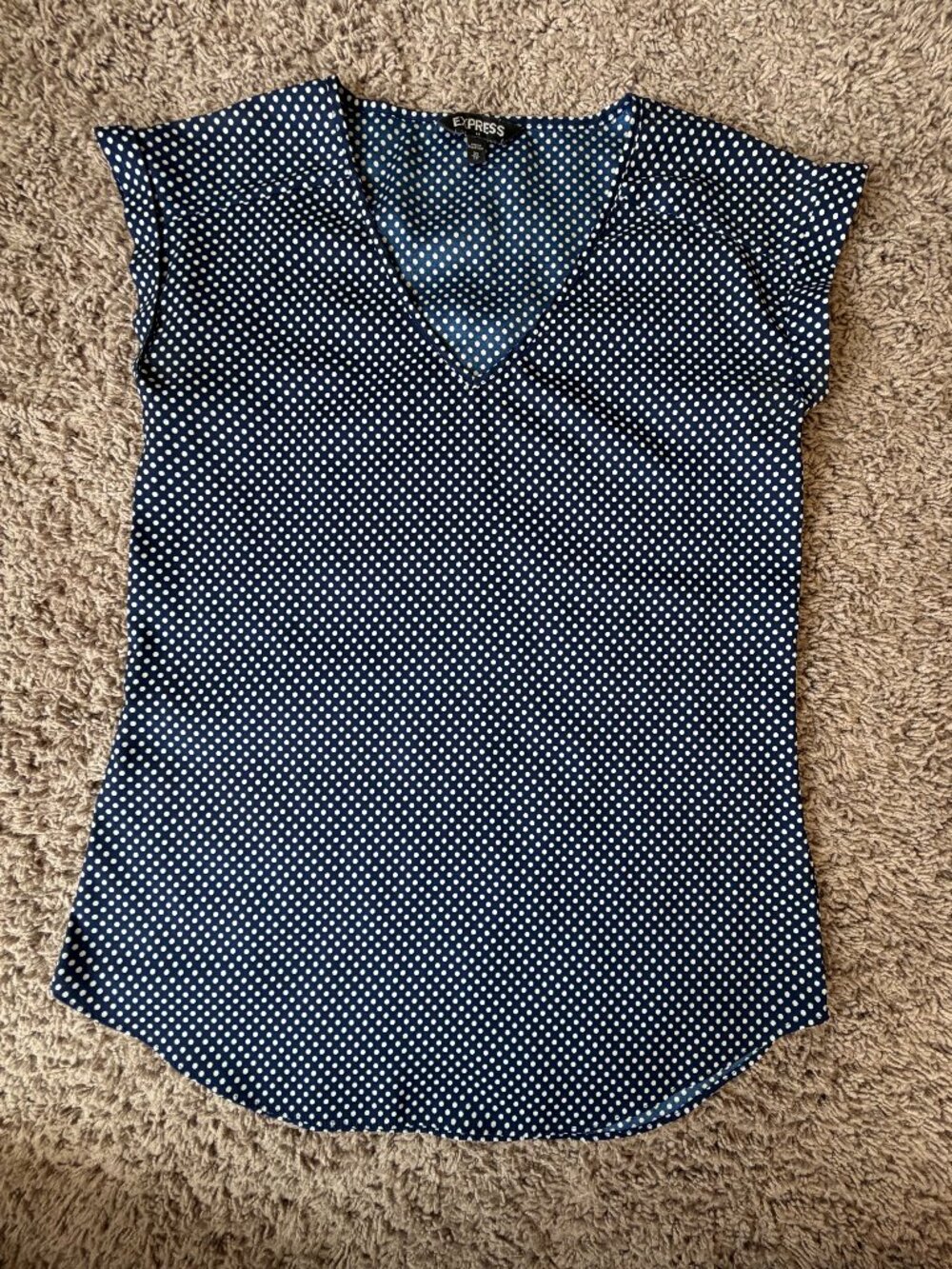 Express Navy Polka Dot Silky V-Neck Top XS Like New
